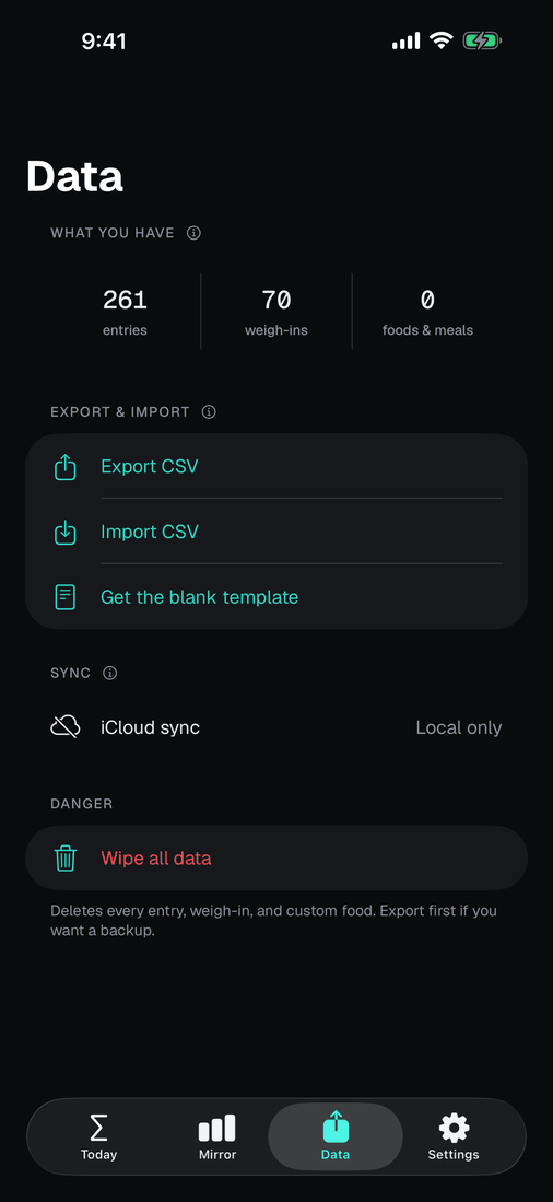 export, import and wipe, all in one screen